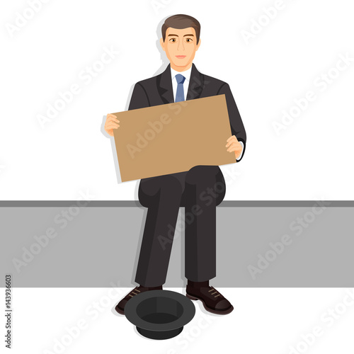 Beggar in casual cloth with empty billboards begging on bench,