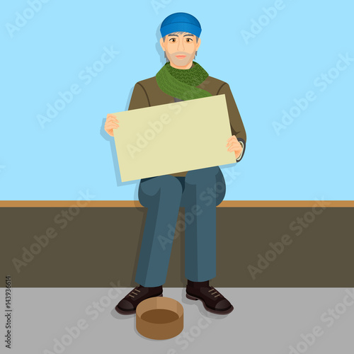 Beggar in casual cloth with empty billboards begging on bench,