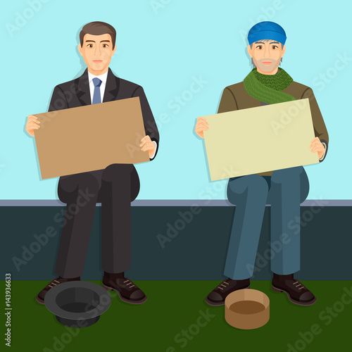 Beggars with empty billboards begging on bench with hats