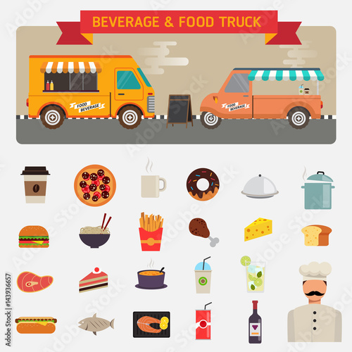 Flat design vector icons set of wagon full of tasty summer food, meals, drinks beverage materials