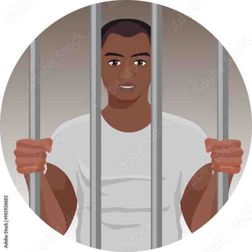 Black skin man behind bars in round button isolated