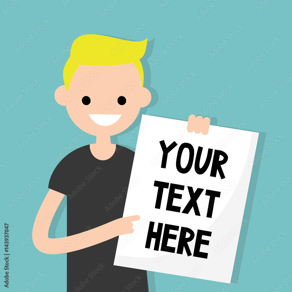 Your text here. Young blond boy holding a sheet of paper / editable flat vector illustration, clip art. Your text here. Young blond boy holding a sheet of paper / editable flat vector illustration, clip art.
