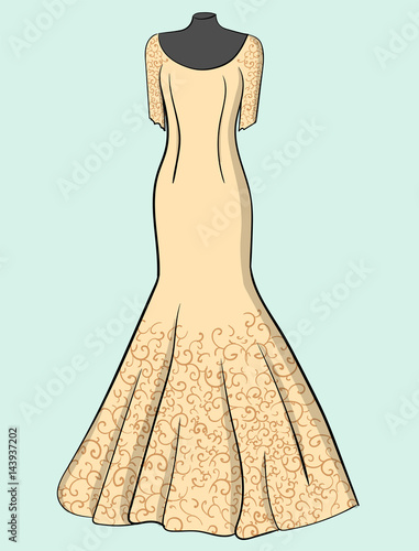 Beige wedding dress with pink lace on a blue background eps 10 illustration