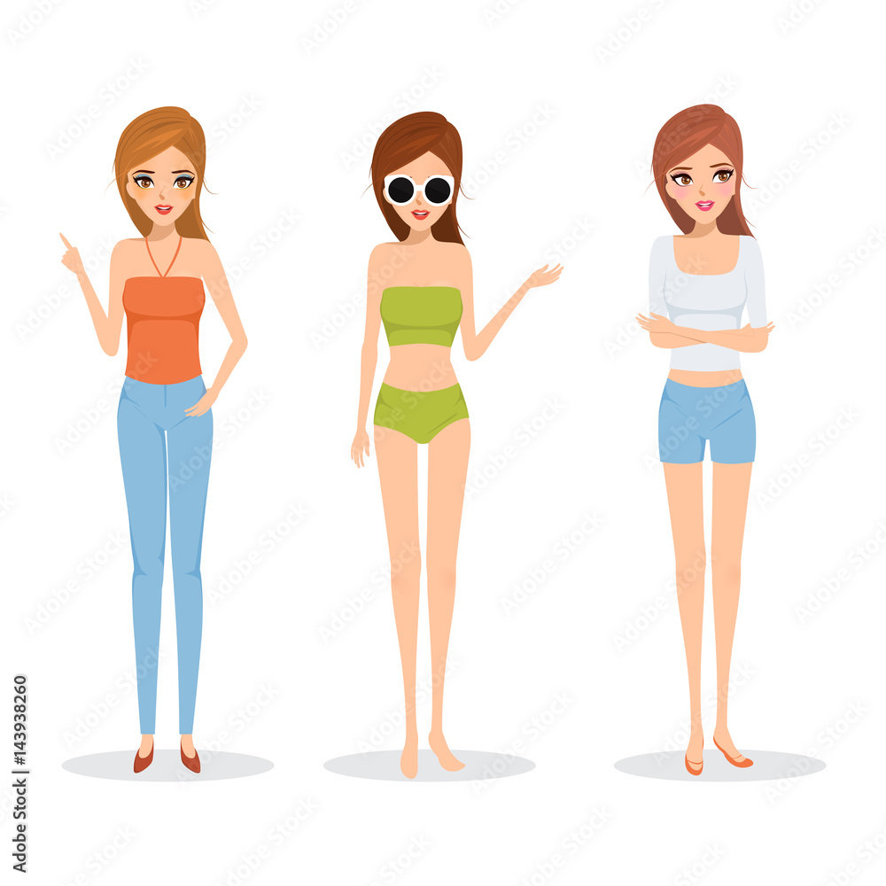 Set of women character. People in summer. Fashion of summer clothe.