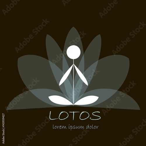 Stock vector yoga template, graphic design elements for spa center, studio, yoga club. Stylized white silhouette, lorem ipsum on transparency lotos flower background on black