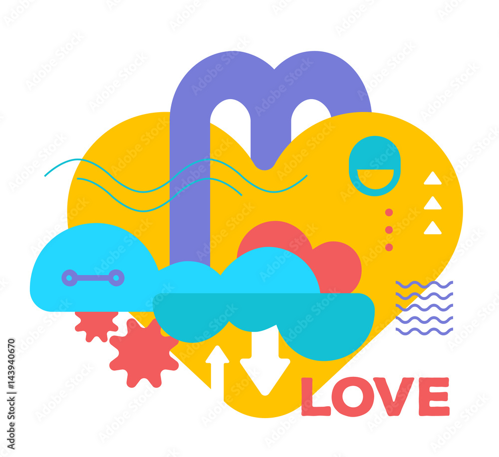 Fototapeta premium Vector illustration of bright creative abstraction on white background with word love. Romantic colorful abstract concept.