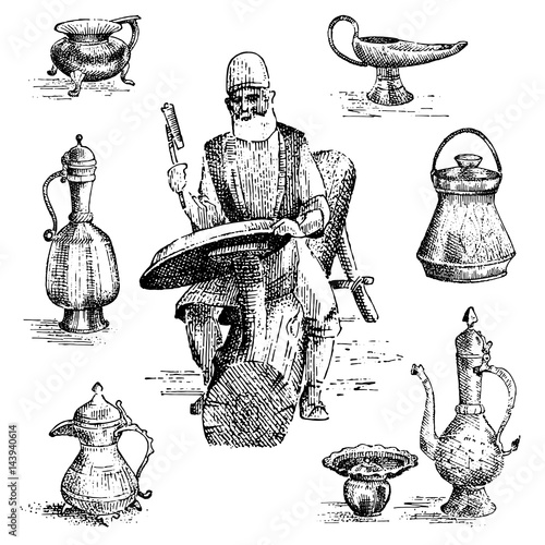 minter or coiner at work, old arabic man doing cooper engraving on vase or dish, plate hand drawn illustrtation. profession ancient
