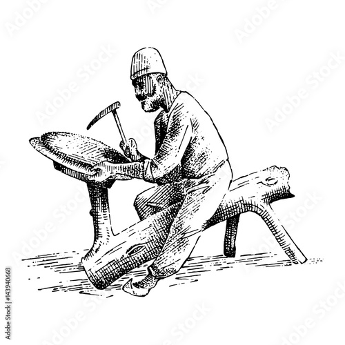 minter or coiner at work, old arabic man doing cooper engraving on vase or dish, plate hand drawn illustrtation. profession ancient