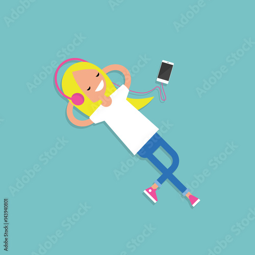 Happy young girl with headphones listening to music on a floor. Top view / flat editable vector illustration