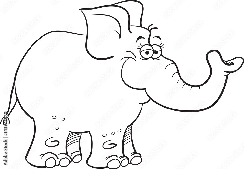 Black and white illustration of a smiling elephant. Black and white illustration of a smiling elephant.