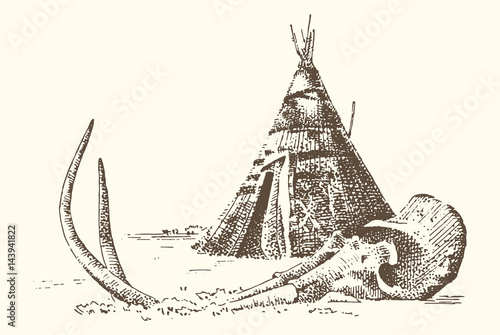 Stone age vector Caveman or troglodyte illustration, mammoth skeleton and skull. prehistoric aged hand drawn or engraved illustration, ancient period concept