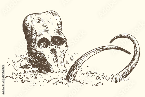Stone age vector Caveman or troglodyte illustration, mammoth skeleton and skull. prehistoric aged hand drawn or engraved illustration, ancient period concept