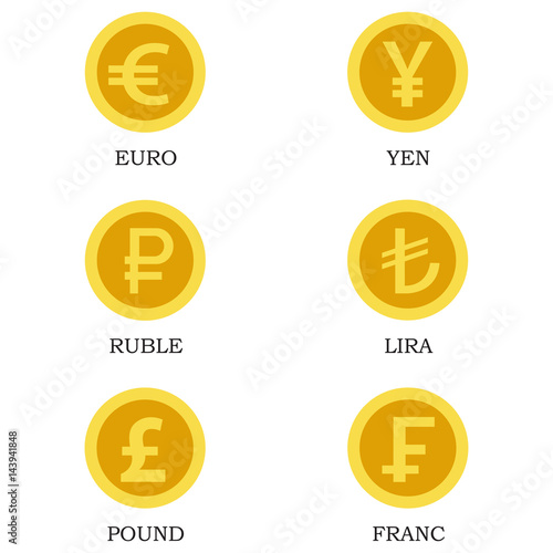 Icons of gold coins with images of currencies of different countries
