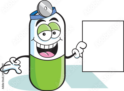 Cartoon illustration of a pill holding a sign.