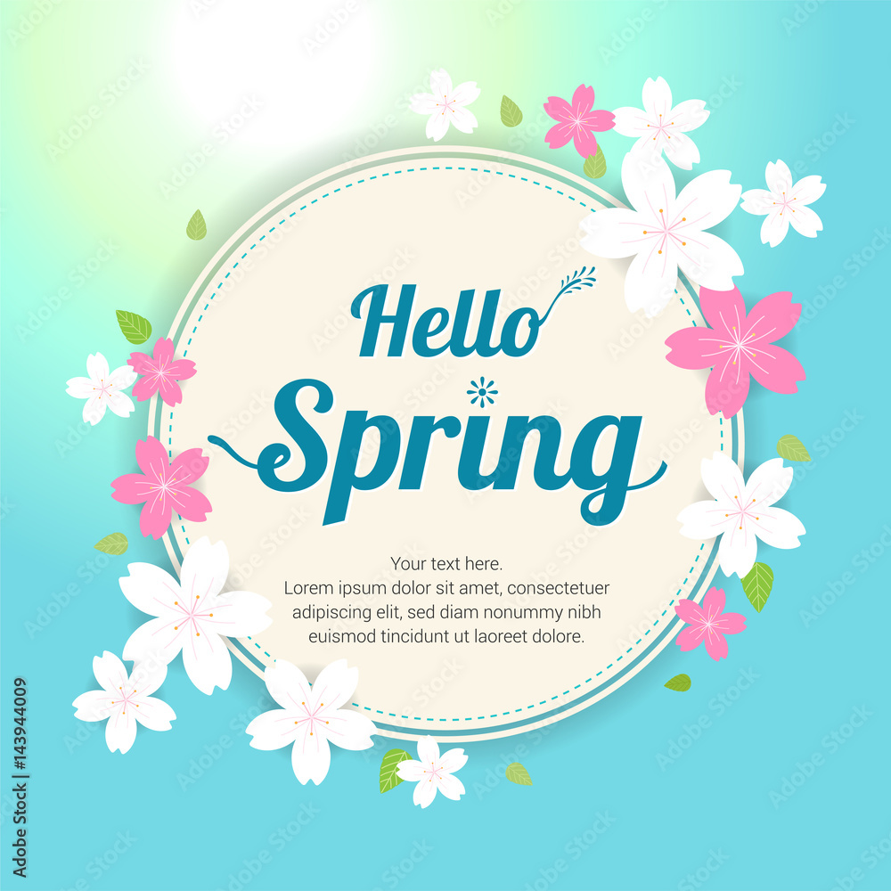 Cherry blossom frame or hello spring flowers frame design in vector