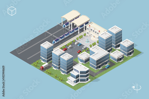 Set of Isolated High Quality Isometric City Elements on Blue Background