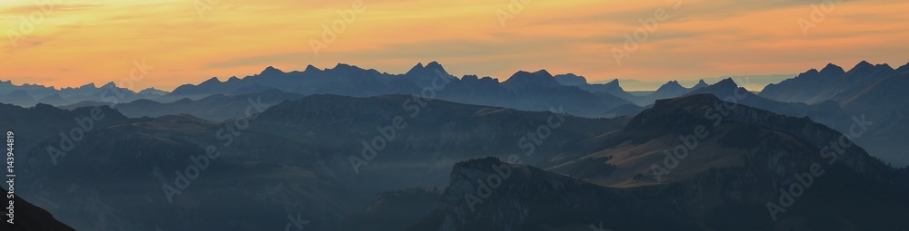 Swiss Alps at sunset. View from mount Niesen.