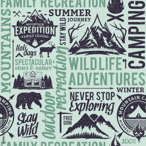 Retro styled typographic vector mountain and outdoor adventures seamless pattern or background