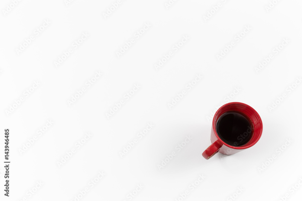 white background red coffee cup mac computer PC cell phone reading glasses