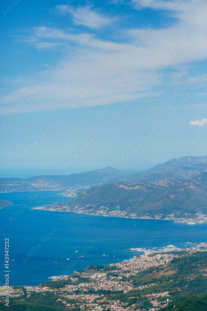 View of the mountain Lovcen Tivat. Tivat Airport. Lustica Peninsula. Montenegrin coast.