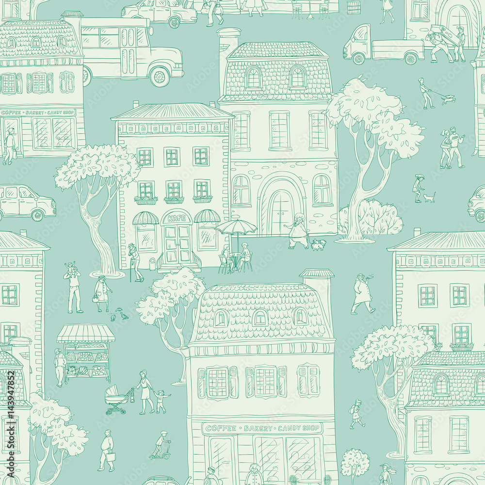 Seamless pattern background. Vector illustration. Urban street in the European city. People walking, residential buildings with cafes and shops, the different situations of town life