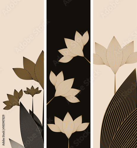 bookmarks with stylized lily flowers in gold and black