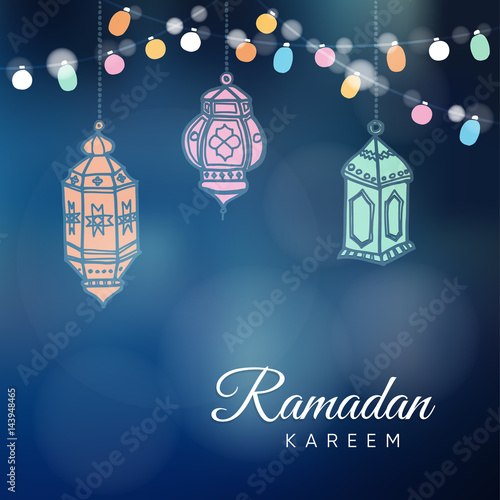 Ramadan hand drawn Arabic lanterns with a string light bulbs.