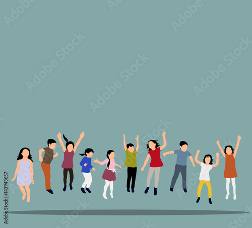 Vector illustration of happy children jumping, icons, concept of childhood, friendship, flat style, isometric people