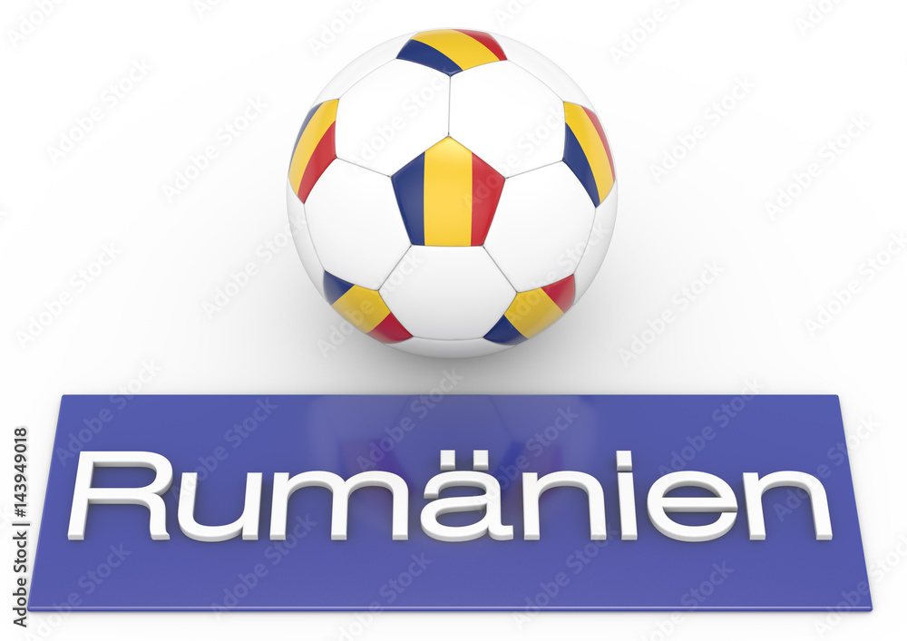 Fußball mit Flagge Rumänien, deutsche Version, Version 2, 3D-Rendering