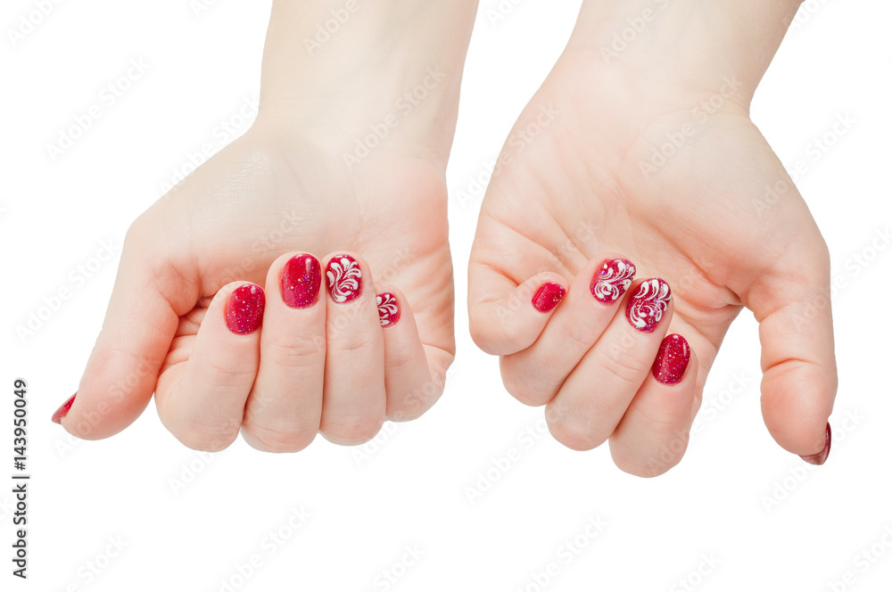 red festive manicure with white lace on the long nails top view red festive manicure with white lace on the long nails top view