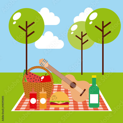 picnic with food over landscape background. colorful design. vector illustration