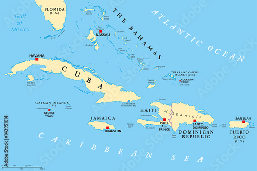 Greater Antilles political map. Caribbean islands. Cuba, Jamaica, Haiti, Dominican Republic, Puerto Rico, Cayman Islands, The Bahamas, Turks And Caicos Islands. Illustration. English labeling. Vector.