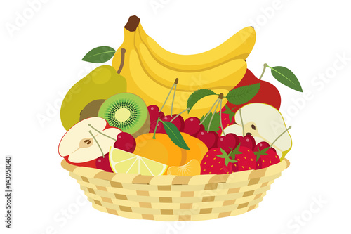 Basket of spring fruit isolated on white background