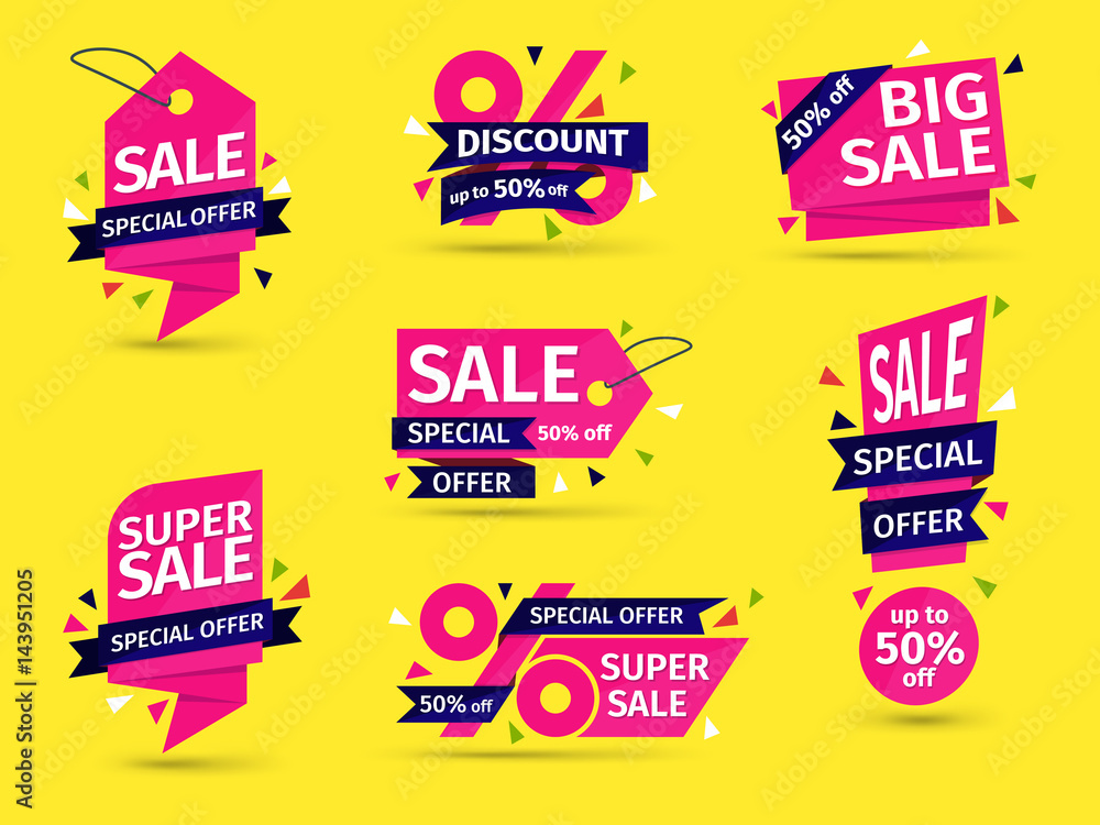 Set of pink colored stickers and banners. Geometric shapes and confetti. Big set of beautiful discount and promotion banners. Advertising element. Sale banner tag. Vector illustration. Set of pink colored stickers and banners. Geometric shapes and confetti. Big set of beautiful discount and promotion banners. Advertising element. Sale banner tag. Vector illustration.