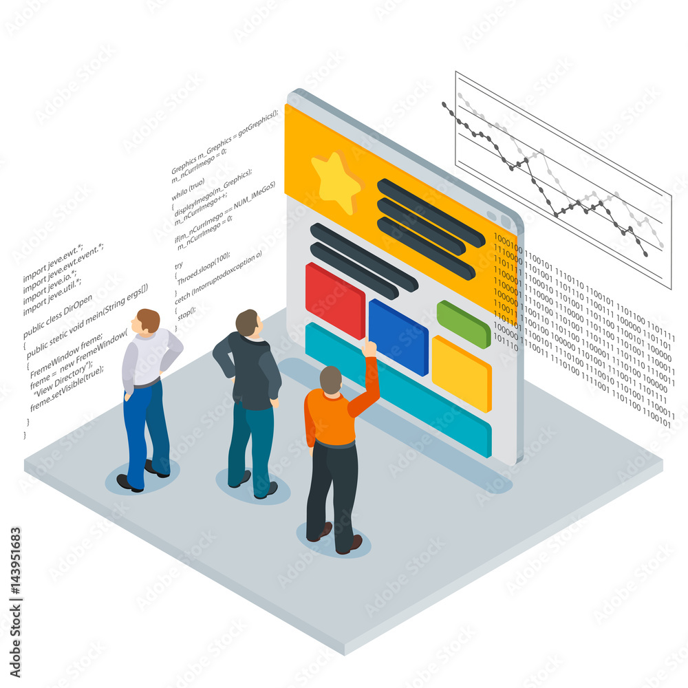Banner in a flat 3d isometric style. Optimization of websites. People and the website page. Infographics and program code. People Web site development. Web site analytics service. Vector illustration Banner in a flat 3d isometric style. Optimization of websites. People and the website page. Infographics and program code. People Web site development. Web site analytics service. Vector illustration