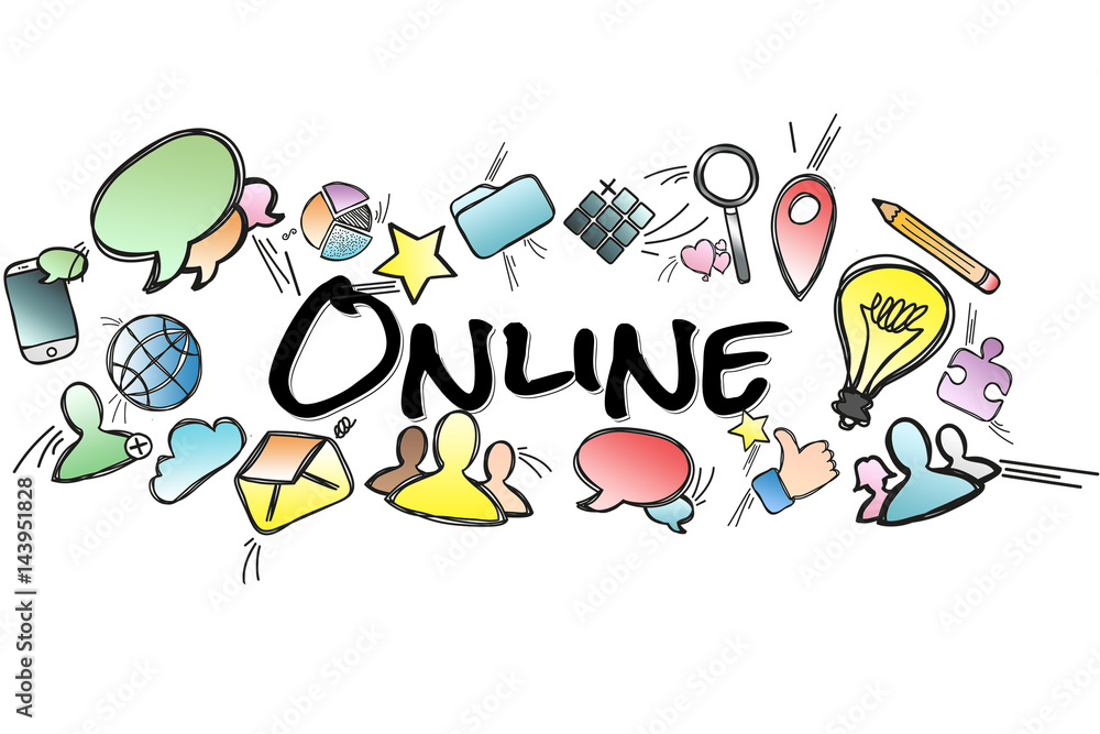 Online title isolated on a background and surounded by multimedia icons - Internet concept Online title isolated on a background and surounded by multimedia icons - Internet concept
