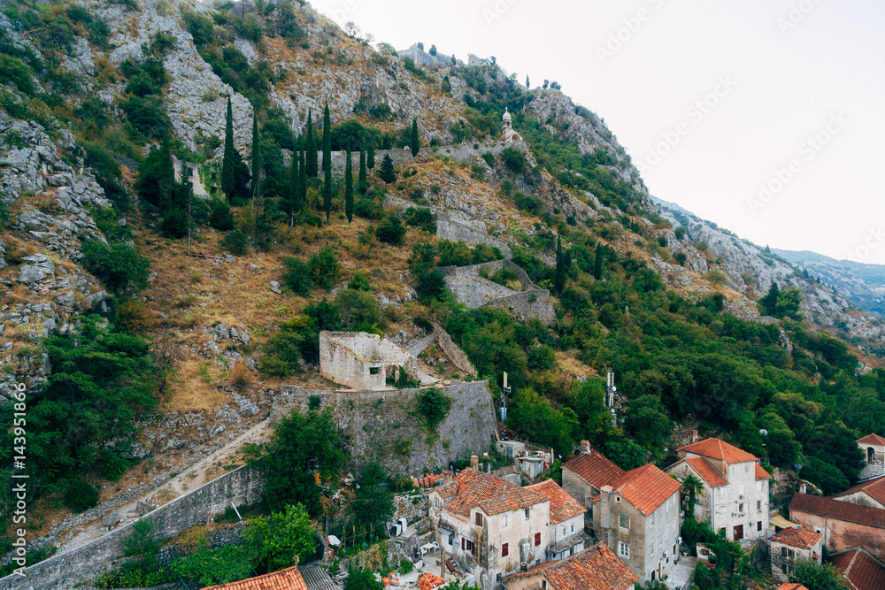 The Old Town of Kotor.  Kotor Wall. The wall around the city on the mountain. Montenegro