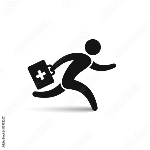 Running doctor hurrying to patient icon, vector isolated symbol.