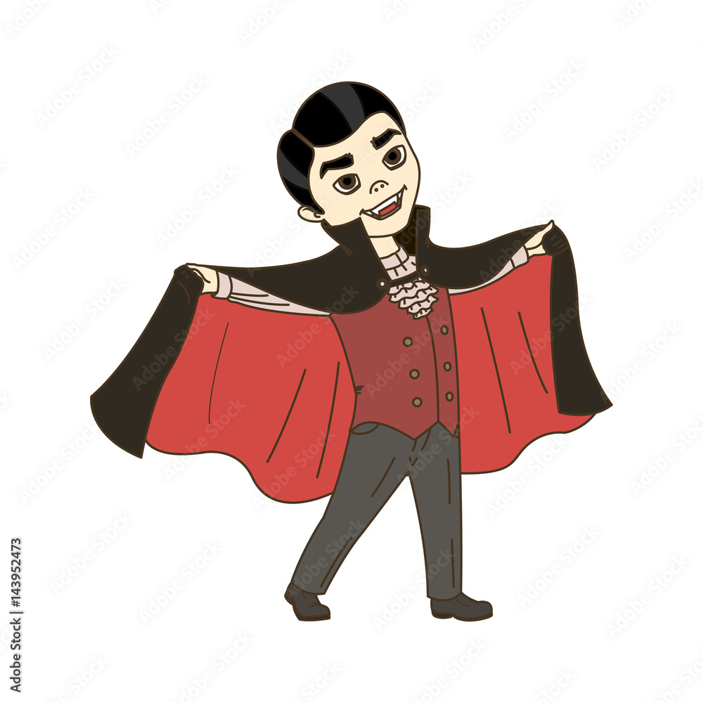 Cute Halloween cartoon vampire on white background, vector little kid character, child dressed in masquerade costume showing its fangs, flat vector isolated llustration