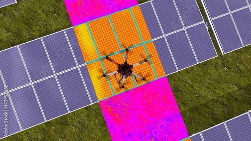 Drone flys over solar panels and scanning the solarmodules on failures - Thermographic assessments