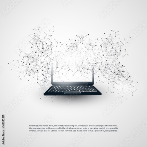 Abstract Cloud Computing and Global Network Connections Concept Design with Laptop Computer, Wireless Mobile Device, Transparent Geometric Mesh - Illustration in Editable Vector Format