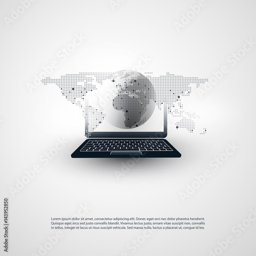 Abstract Cloud Computing, Global Networks Concept Design with Laptop, Wireless Mobile Device, Earth Globe and Transparent Spotted World Map - Illustration in Editable Vector Format