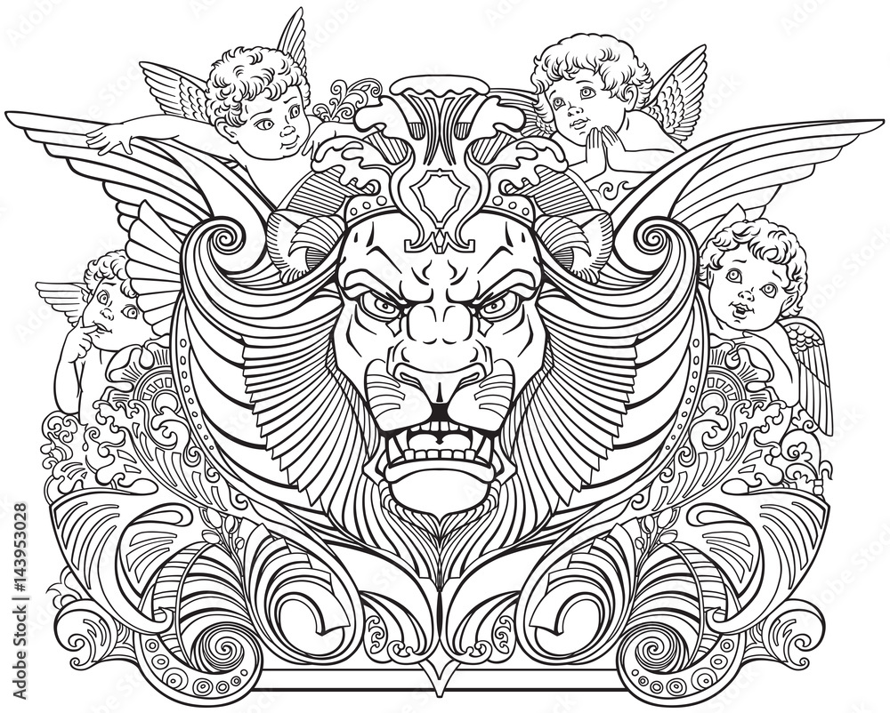 head of lion surrounded by little angels .Black and white outline decor