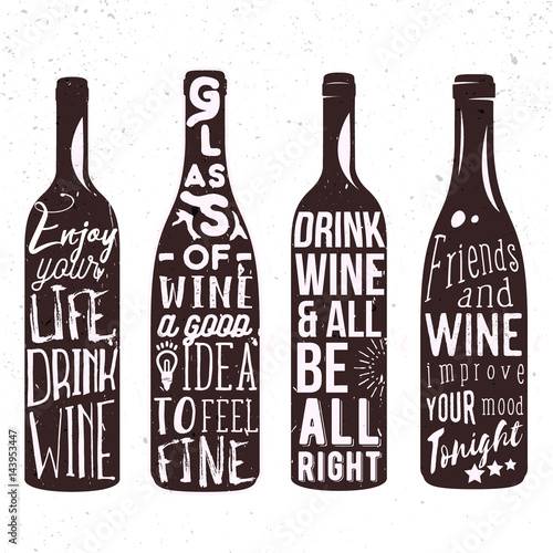 Typography set of wine bottle silhouette with lettering. Vector handwriting illustration designed for advertising bar or pub menu, prints, poster, banner and labels creations.