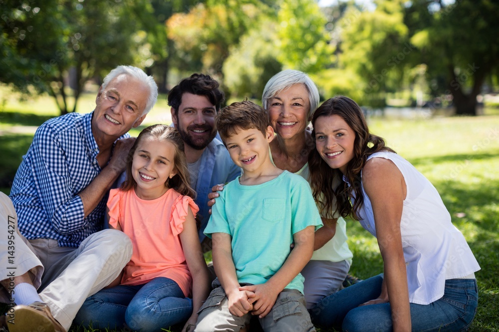 Fototapeta premium Multi generation family sitting in park