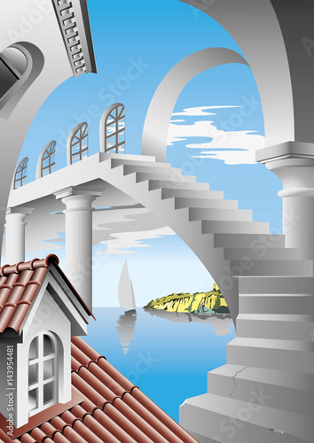 The metamorphosis of space.
Elements of surrealism in architecture. Illustration vector.