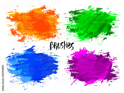 Vector watercolor blot texture. Bright brushes Isolated on white background. Hand painted grunge element. Blue green orange violet color. Rainbow multi colored. Can be used for text, quote, background