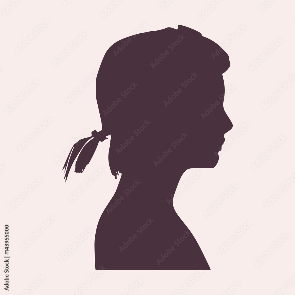 Face side view. Elegant silhouette of a female head. Vector Illustration. Ponytails hair style. Monochrome gamma.