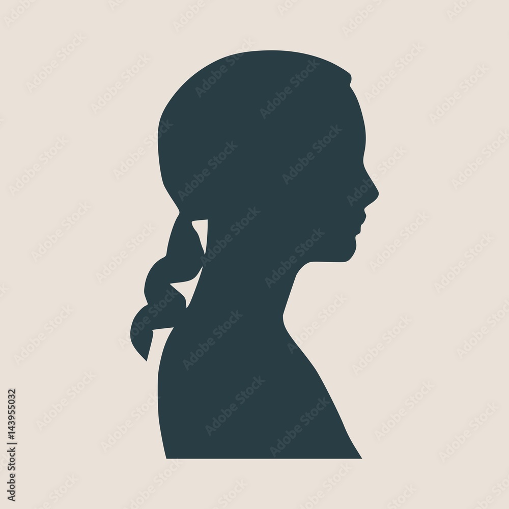 Face side view. Elegant silhouette of a female head. Vector Illustration. Ponytails hair style. Monochrome gamma.