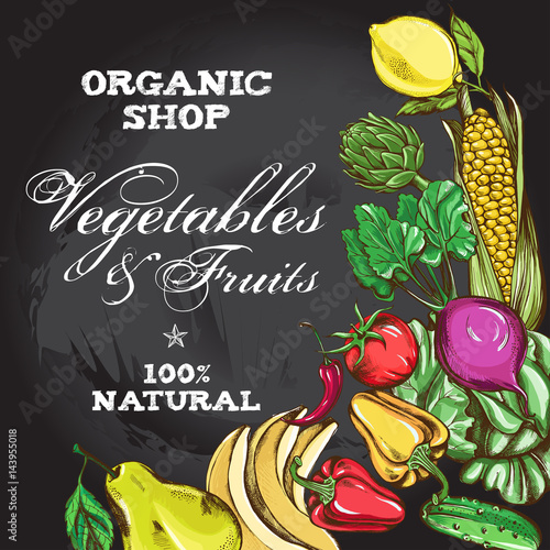 Background with hand-drawn vegetables and fruits. Template of design for organic farm products. Vector illustration on blackboard.